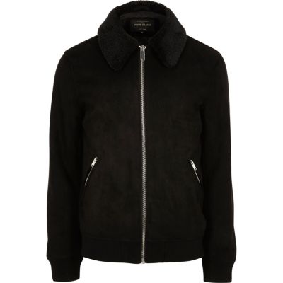 Black faux suede fur collar jacket